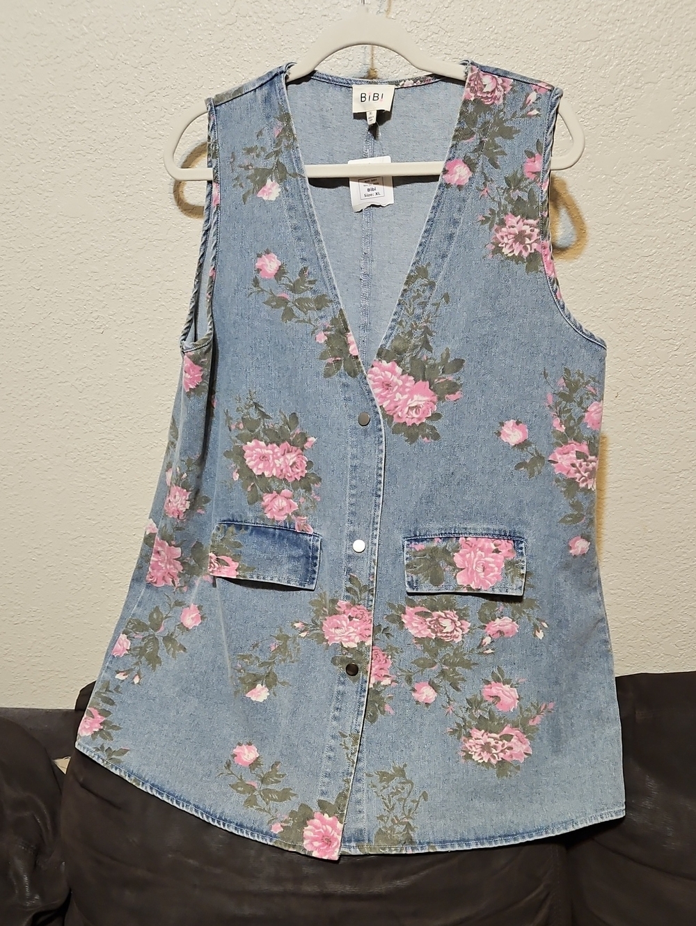 BIBI Sleeveless Denim Vest with Pink Floral Print